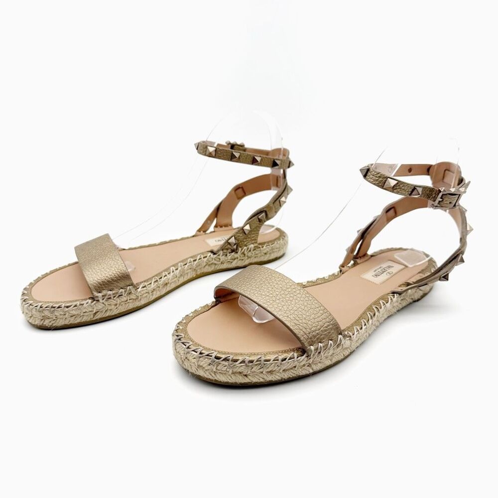 VALENTINO Platform Rockstud Gold Espadrille Flat Size 38 Sandal Ankle Strap